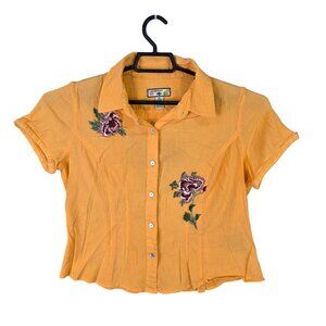 Womens Caribbean Joe Petite Orange Shirt Button Up Embroidered Floral Size PL
